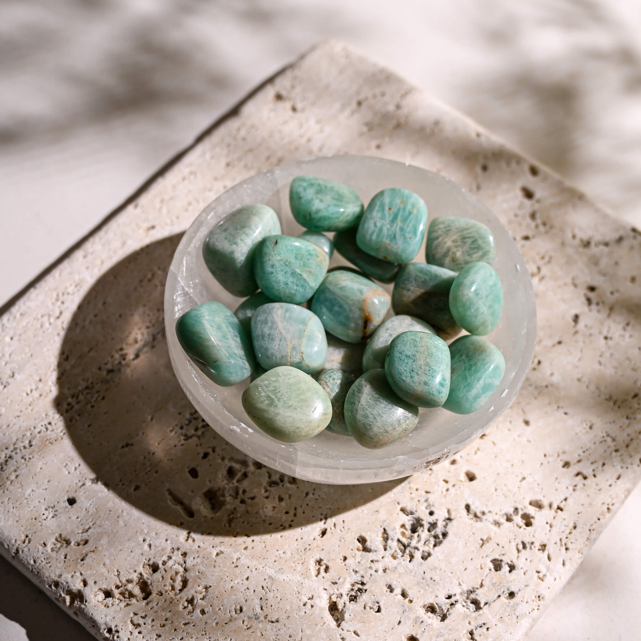 Amazonite Tumble Stones in Selenite Bowl