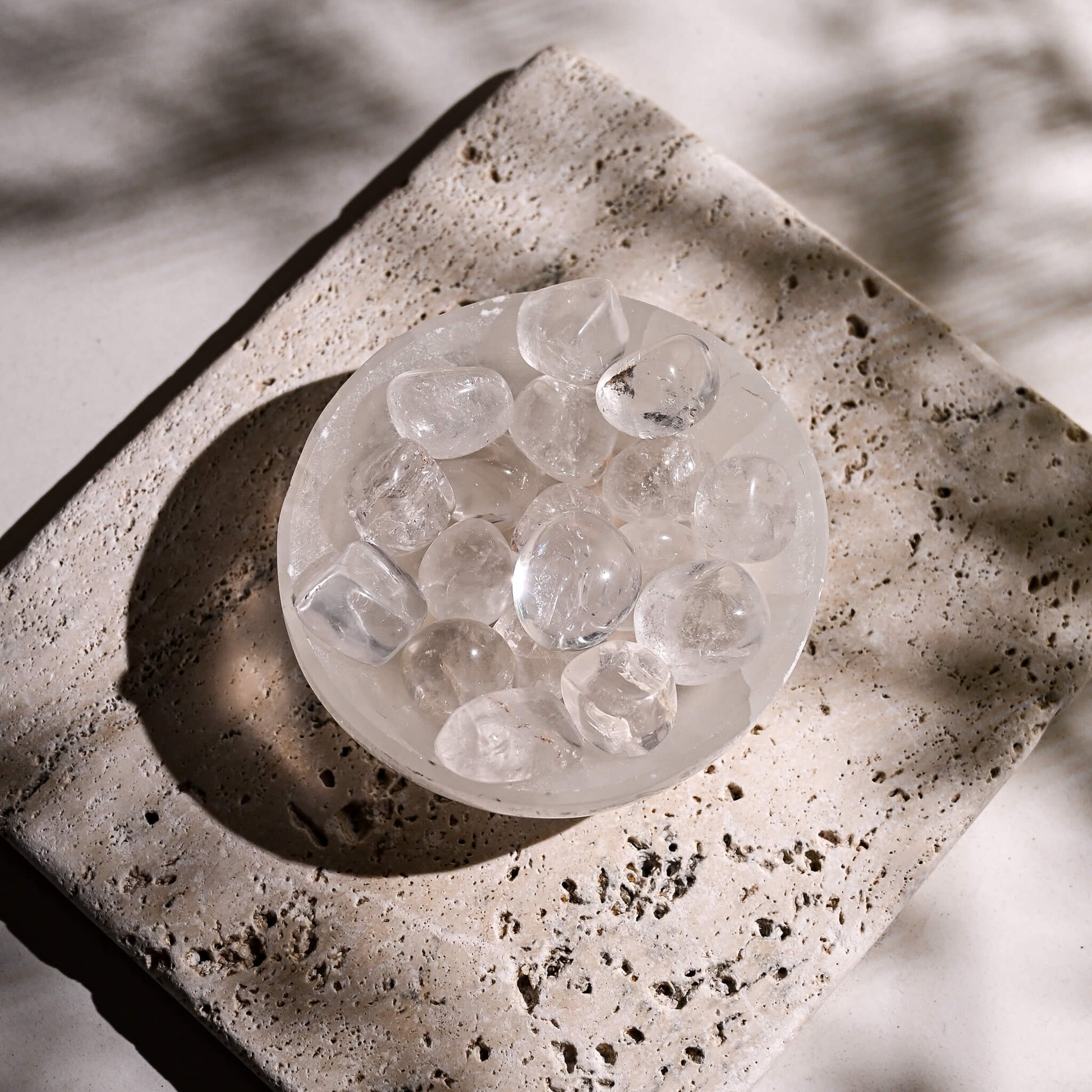 Clear Quartz Tumbled Stones in Selenite Bowl