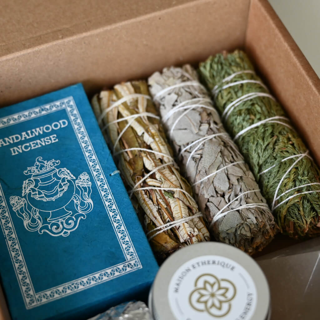 Smudge sticks and sandalwood incense stick box