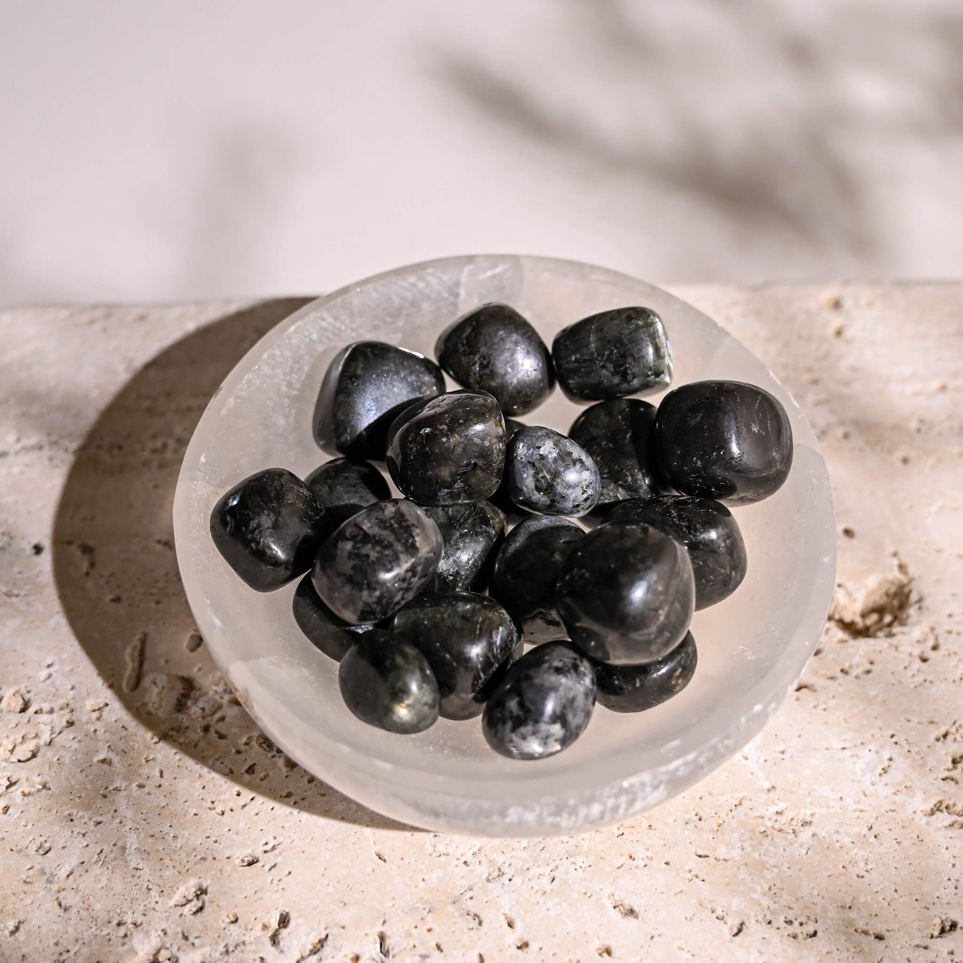 Larvikite Tumbled Stones in Selenite Bowl