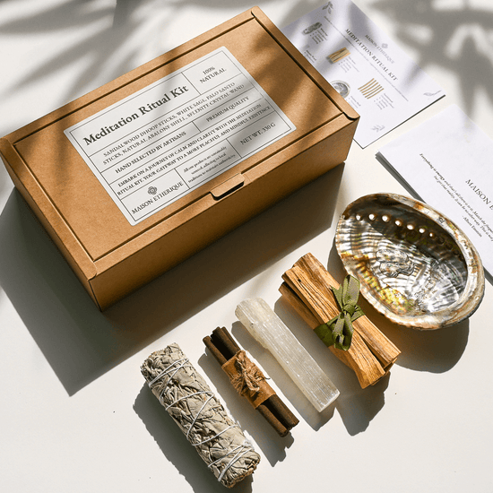 contents of Meditation Ritual Kit displayed on table