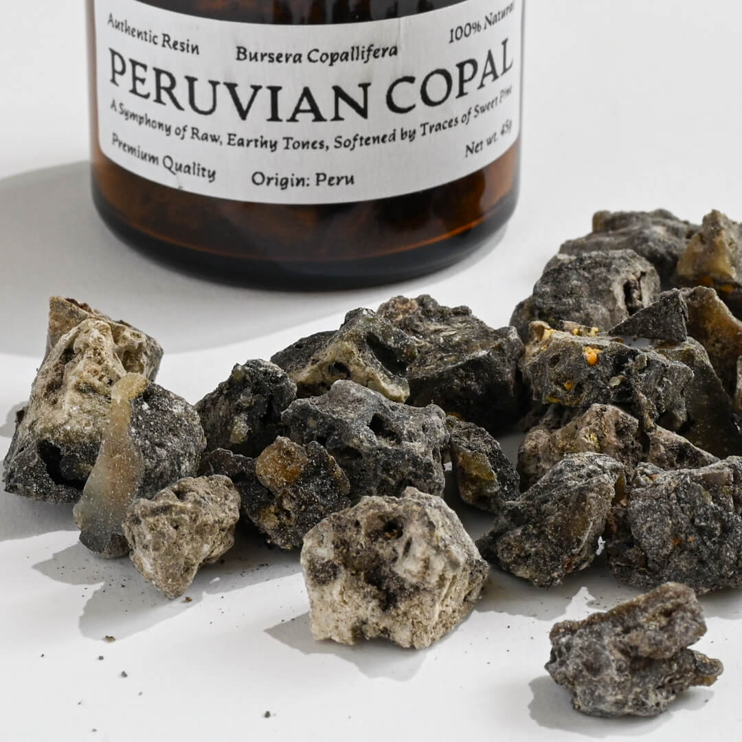 Close view of Peruvian Black Copal on white Surface