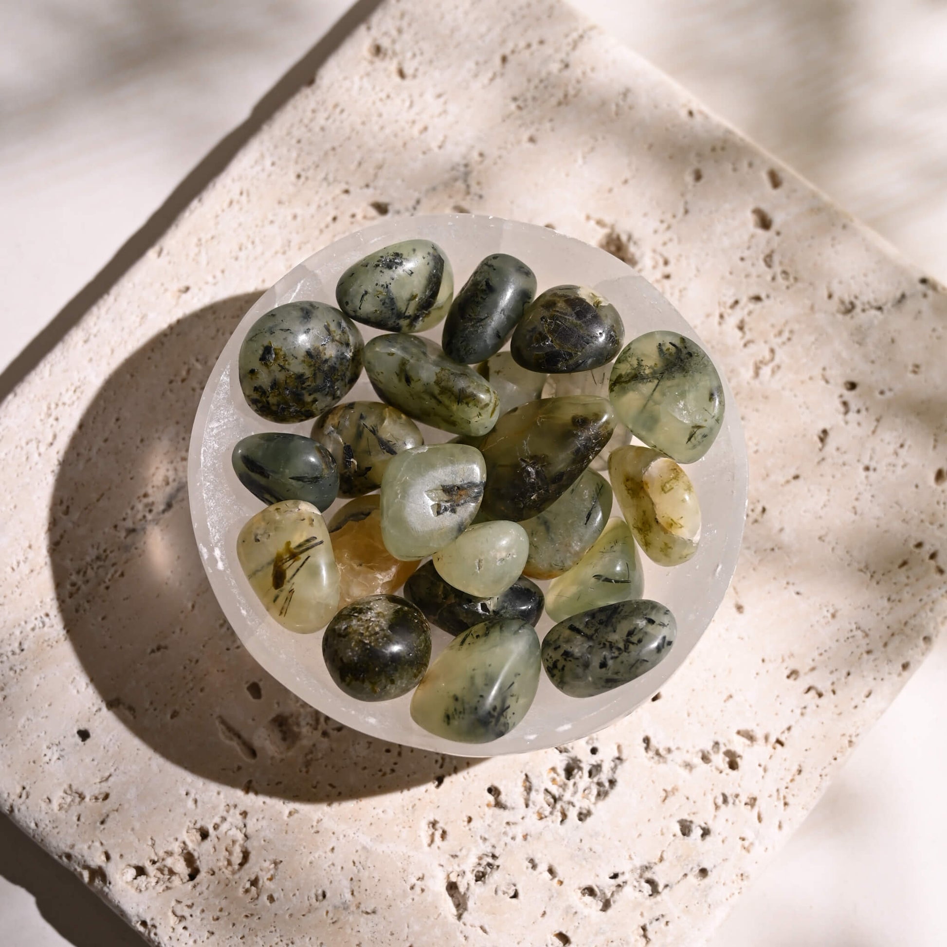 Prehnite Tumbled Stones in Selenite Bowl