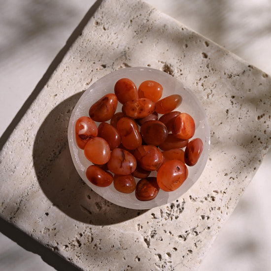 Red Carnelian Tumbled Stones in Selenite Bowl