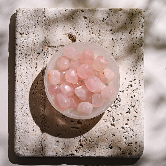 Rose Quartz Tumbled Stones in Selenite Bowl