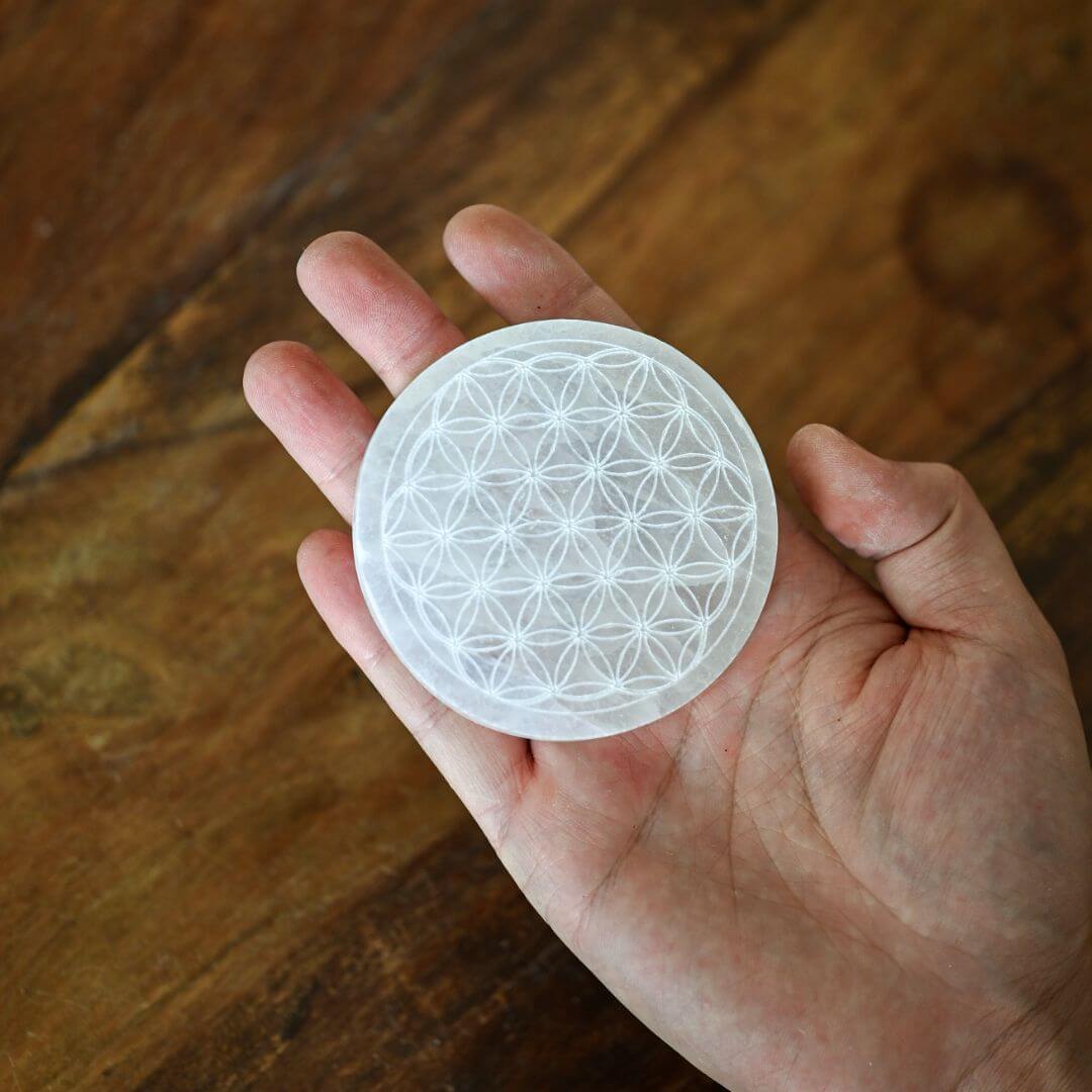 Selenite Crystal Grid Plate Round 8cm - Flower Of Life