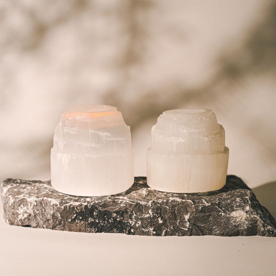 2 Selenite Crystal Mountain Candle Holder 