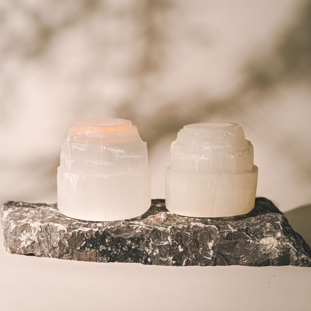 2 Selenite Crystal Mountain Candle Holder 