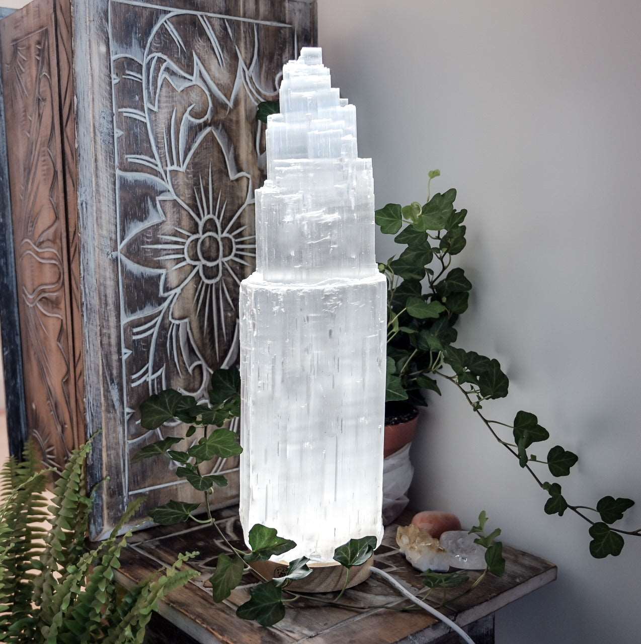 Selenite crystal 40cm twin outlets tower lamp Cleansing/Charging/Chakra/Home/Meditation