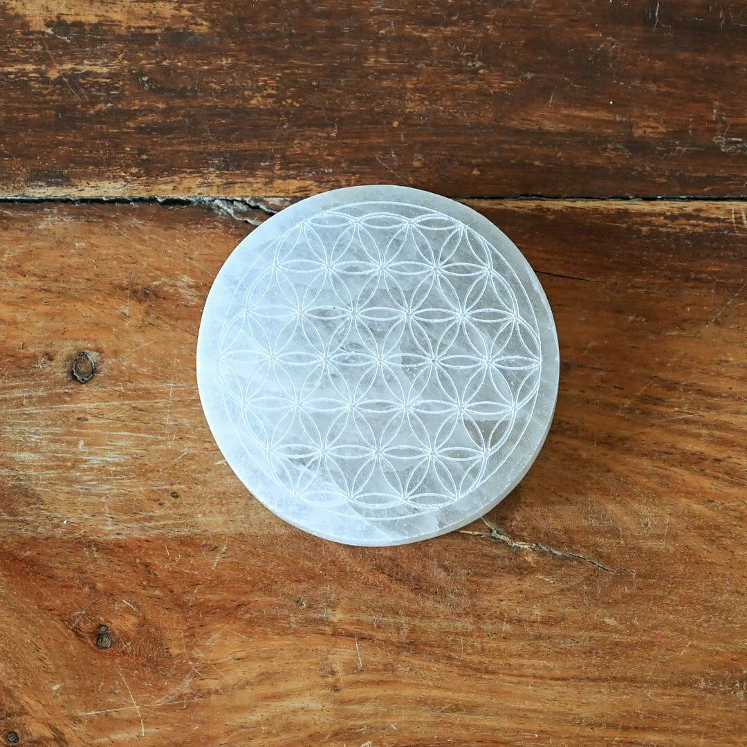 Selenite Grid Plate 8cm with Flower Of Life Design 