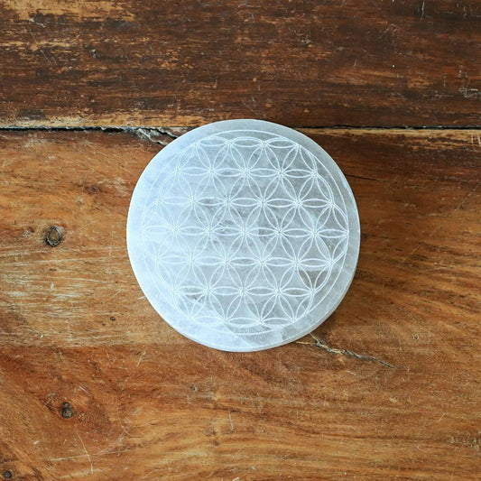 Selenite Grid Plate 8cm with Flower Of Life Design 