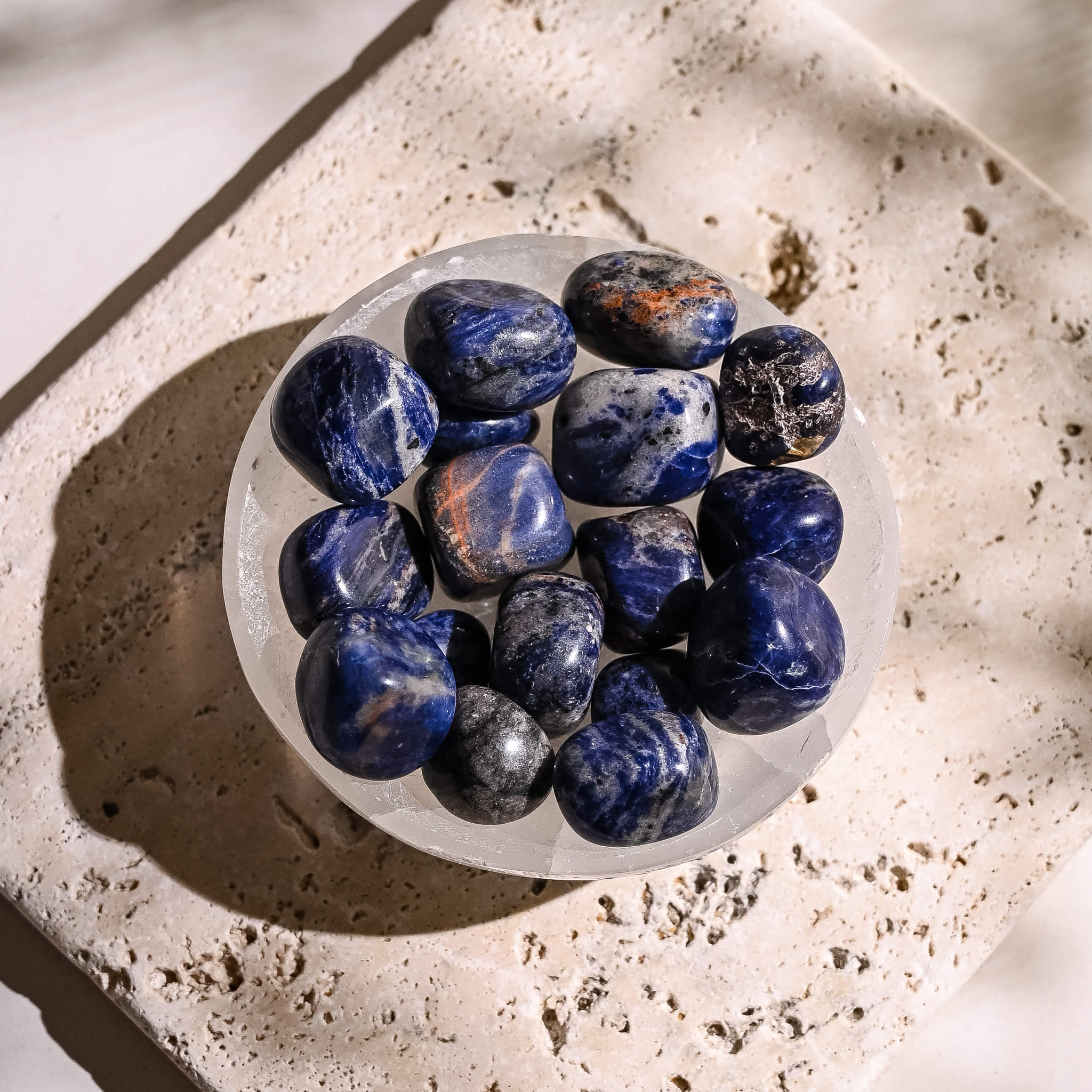 Sodalite Tumbled Stones in Selenite Bowl