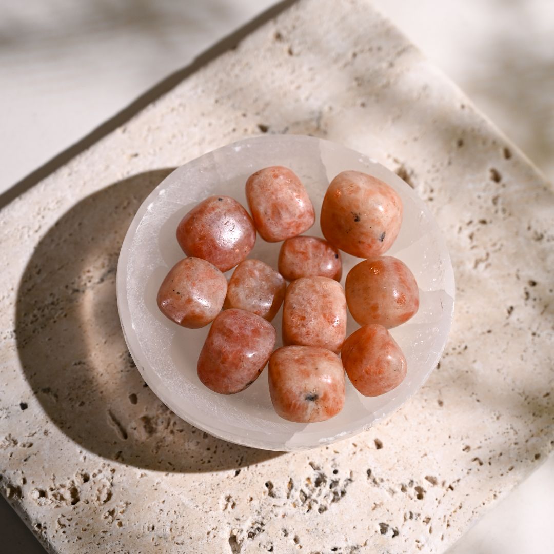 Sunstone Tumbled Stones in Selenite Bowl