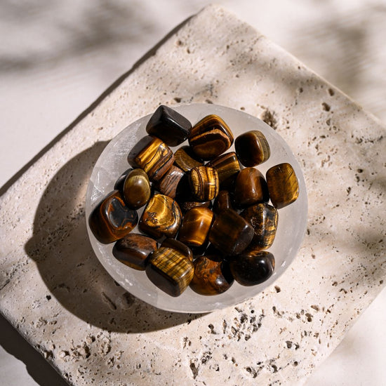 Tiger's Eye Tumbled Stones in Selenite Bowl