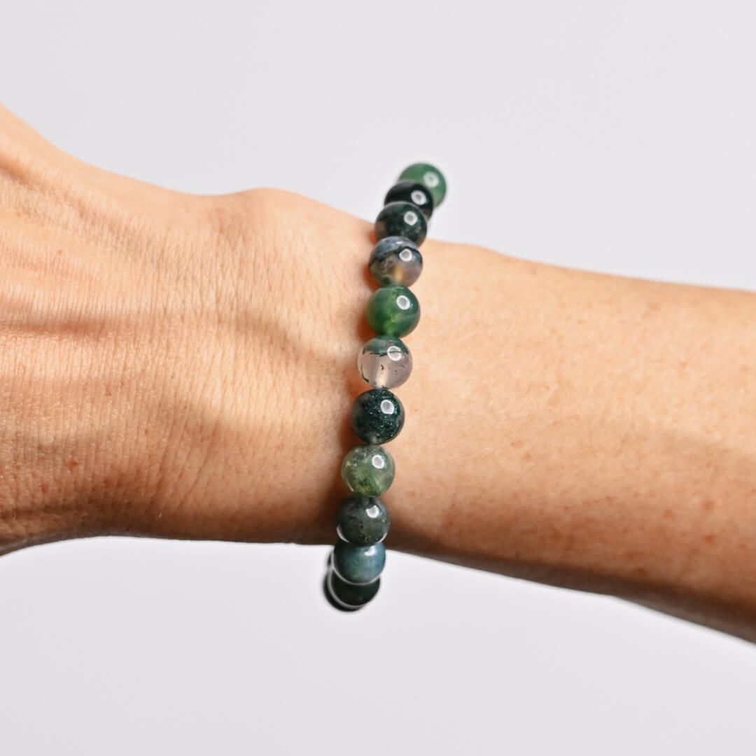 Moss Agate Bracelet on lady's hand